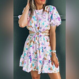 NWT Dress Up Pink Floral Cutout Mini Dress Puff Sleeve Ring Detail Size Small